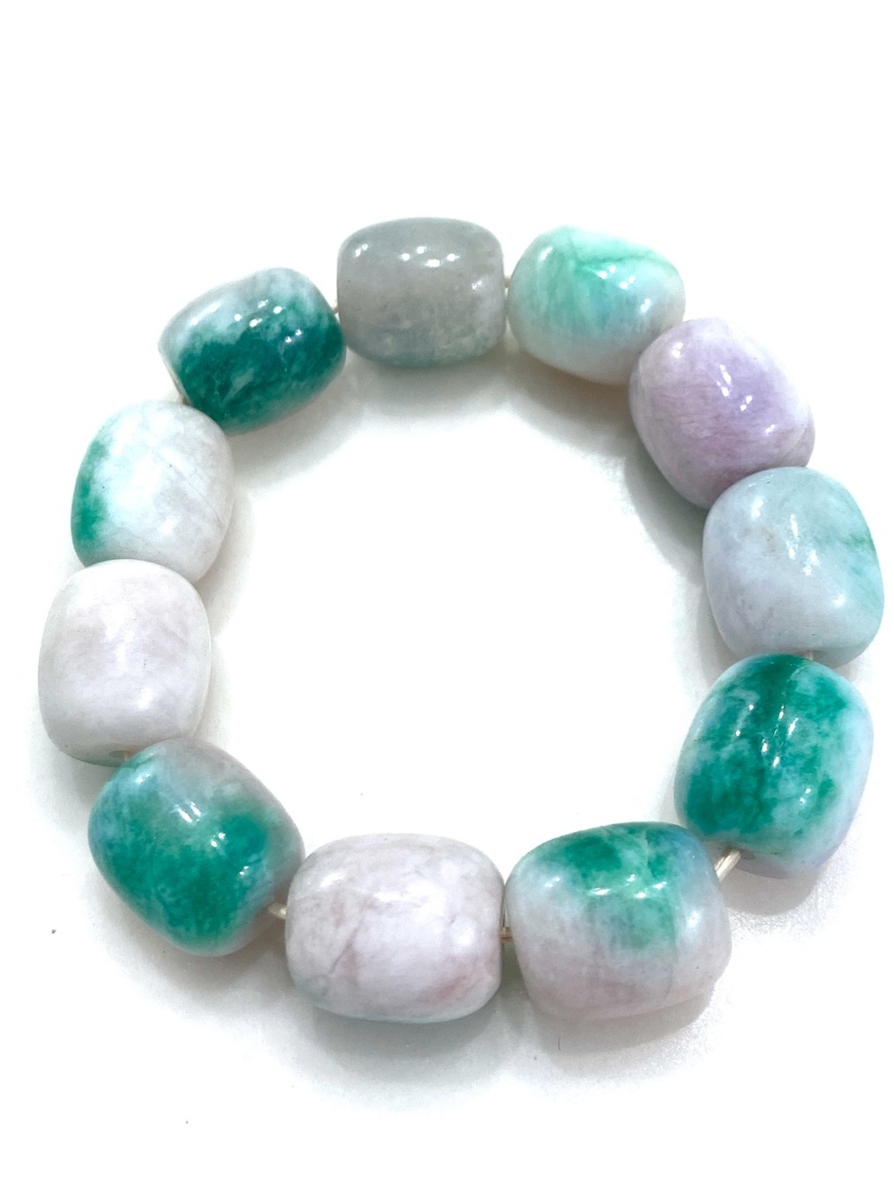 Natural Green Stone Barrel Bead Stretch Bracelet Vibrant Mottled Green